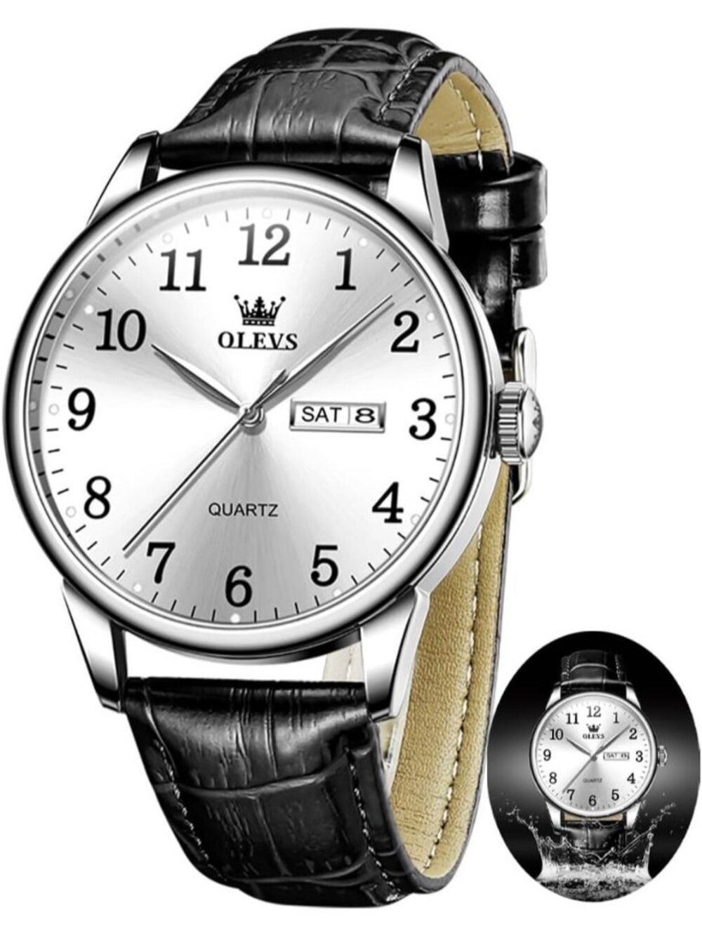 OLEVS Mens Black Silver Leather Watch Easy Read Large Face Calendar Quartz Style